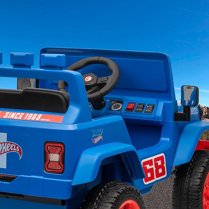 Hot Wheels - 12V Kids Ride On Jeep with Rechargeable Battery, LED Headlights, Press-Button Start, Durable Wheels, Forward & Reverse Drive, Contoured Seat