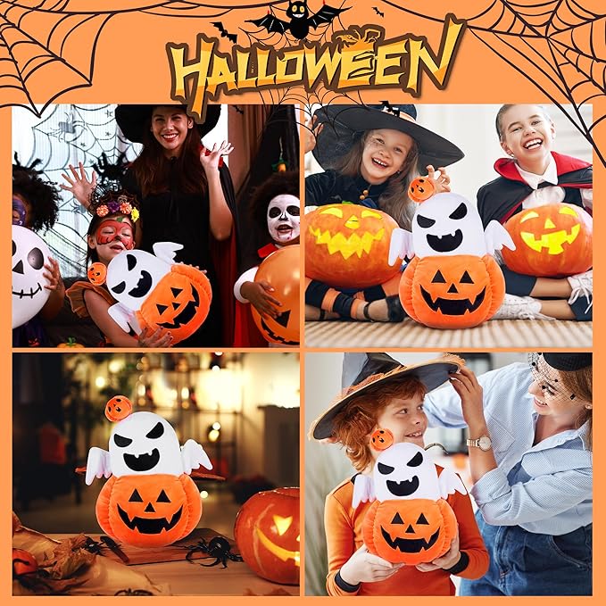 Halloween Pumpkin Plush Ghost Toy, 12 Inch Cute Spooky Jack O' Lantern Ghost Stuffed Animal, Soft Plushies Pillow Halloween Party Decor and Gifts for Kids Boys Girls