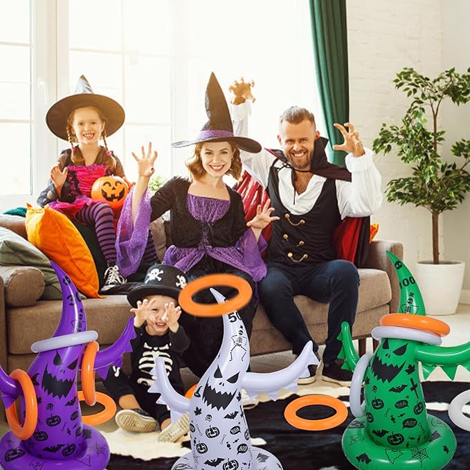 Halloween Ring Toss Game Set, 5 Pack Inflatable Ghost Witch Hat Ring Toss Fun Halloween Games for Kids Trunk or Treat Party Games Carnival Activities Indoor Outdoor Halloween Party Supplies
