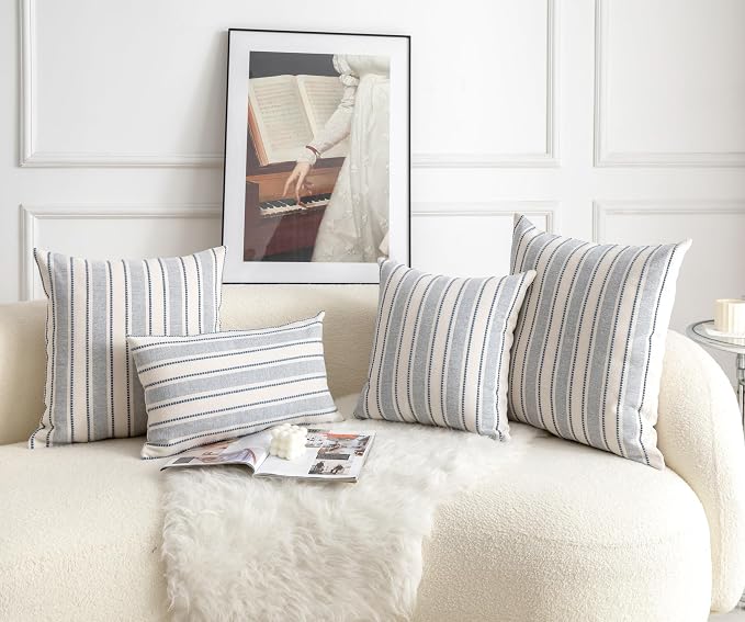 Cethom Decorative Boho Throw Pillow Covers, Farmhouse Textured Pillow Case, 20 x 20 Inch Set of 2, Chair Sofa Bedroom Living Room Home Decor Couch Cushion Case, Classic Blue and Beige Striped