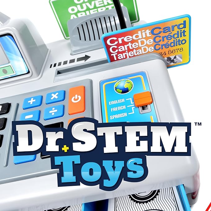 Dr. STEM Toys | Talking Toy Cash Register | STEM Learning 69 Piece Pretend Store with 3 Languages, Paging Microphone, Credit Card, Bank Card, Play Money and Banking for Kids (Silver)