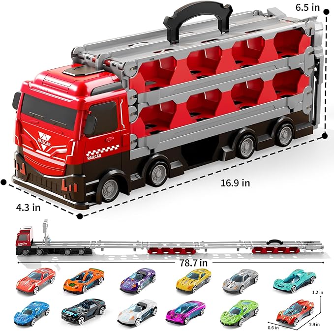 Toy Truck for 3 4 5 6 Years Old Kids Boys, 78-Inch Race Track Transport Vehicle and 12 Die-Cast Metal Toy Cars, Carrier Truck Toddler Truck Car Toys Set Gifts for Age 3-12 Years Old Kids Boys
