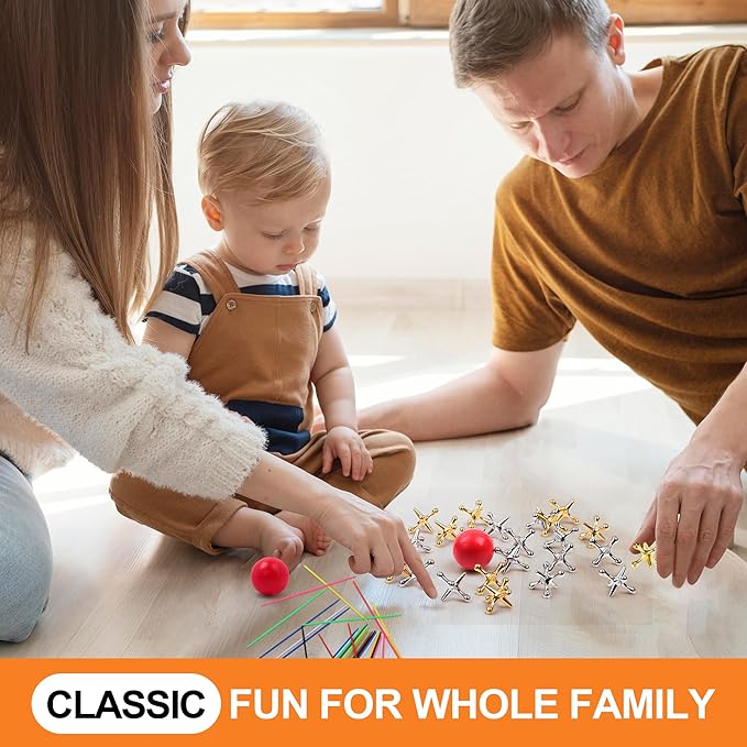 Classic Pick Up Sticks and Jacks Game with Ball Set, Includes Red Rubber Balls, Gold and Silver Metal Jax, Colorful Pick Up Sticks, Storage Box and Bag, Fun Retro Game for Kids Adults Family