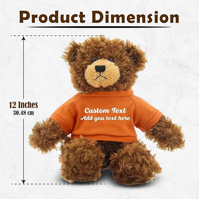 Customized Chocolate Brandon Bear - 12 inch Personalized Stuffed Bear Plush Toy - Perfect Custom Shirt Bear Gift for Graduation Valentines Graduation Easter Holidays (Orange Shirt)
