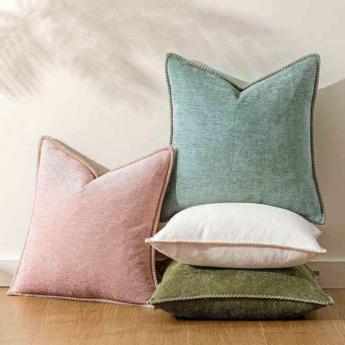 a moment Pack of 2 Decorative Chenille Throw Pillow Covers with Twill Cushion Covers for Sofa Living Room Couch Bed 18x18 Inch,Crafted Border Blush Pink