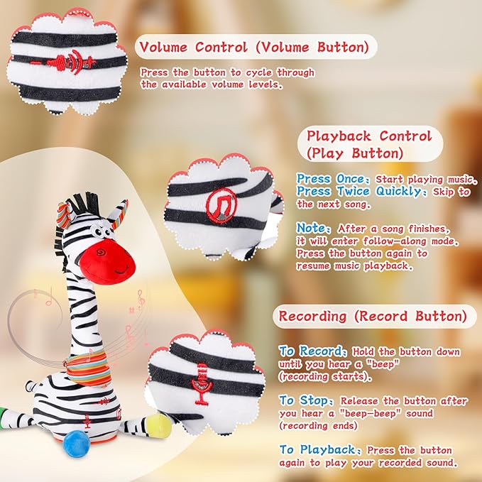 LUKETURE Dancing Talking Zebra Plush, Interactive Stuffed Animal Toy, Musical Plush with Record & Repeat, Sings 10 Songs, LED Lights
