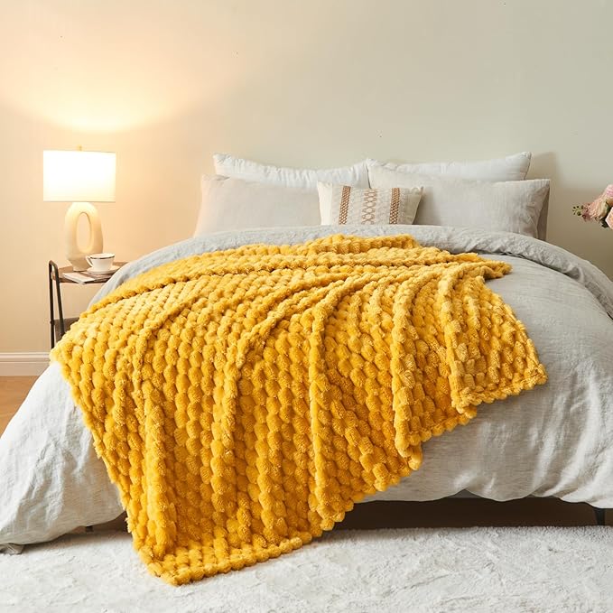 NEWCOSPLAY Super Soft Throw Blanket Mustard Yellow Premium Silky Flannel Fleece 3D Clouds Stylish Jacquard Lightweight Bed Blanket All Season Use 350GSM (Mustard Yellow, Throw(50"x60"))