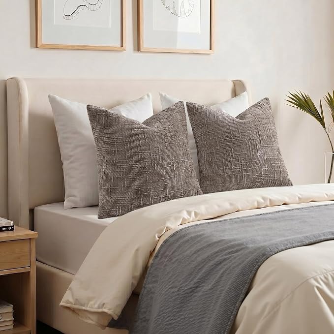 decorUhome Textured Chenille Throw Pillow Covers 22x22 Set of 2 Taupe | Fall Modern Farmhouse Soft Cozy Slubby Couch Pillow Cases Boho Decorative Pillow Cases for Bed Sofa Living Room Home Decor