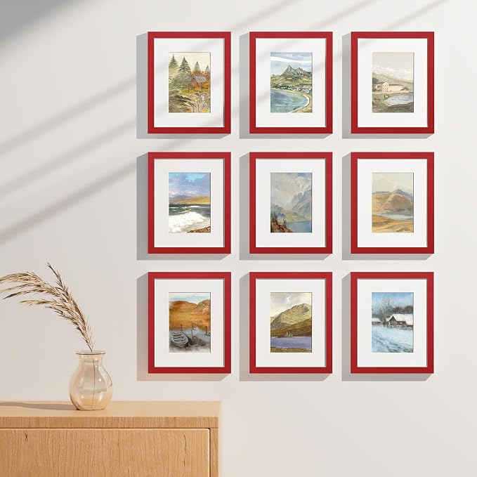 Vittanly 8x10 Picture Frames Set of 9 for Wall or Tabletop Display, Red | Display Pictures 5x7 with Mat or 8x10 without Mat, Small Photo Frames, Engineered Wood with Shatter Resistant Plexiglass