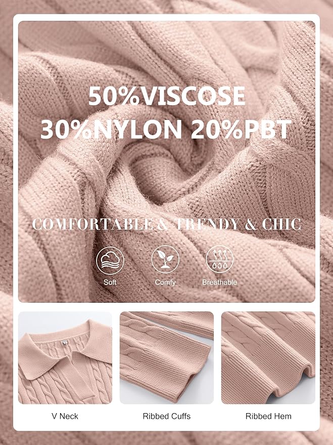 ANRABESS Womens Cable Knit Sweaters Long Sleeve V Neck | Pullover Collared Sweater Tops, Polo Knit Shirts, Business Casual Work, Tennis Golf, Fall Winter Fashion Outfits