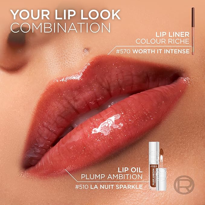 L'Oreal Paris Plump Ambition Hyaluron Lip Oil, 24 HR Lip Gloss with Hyaluronic Acid, Volumizing Formula with Glass-Like Shine, Worth It 601, 0.16 Fl Oz