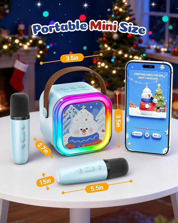 Mini Karaoke Machine for Kids, 2025 TOP Toys Birthday Gifts Ideas for Girls Ages 4, 5, 6, 7, 8, 9, 10, 12+ Years Old, Portable MP3 Player with 2 Wireless Mics for Party