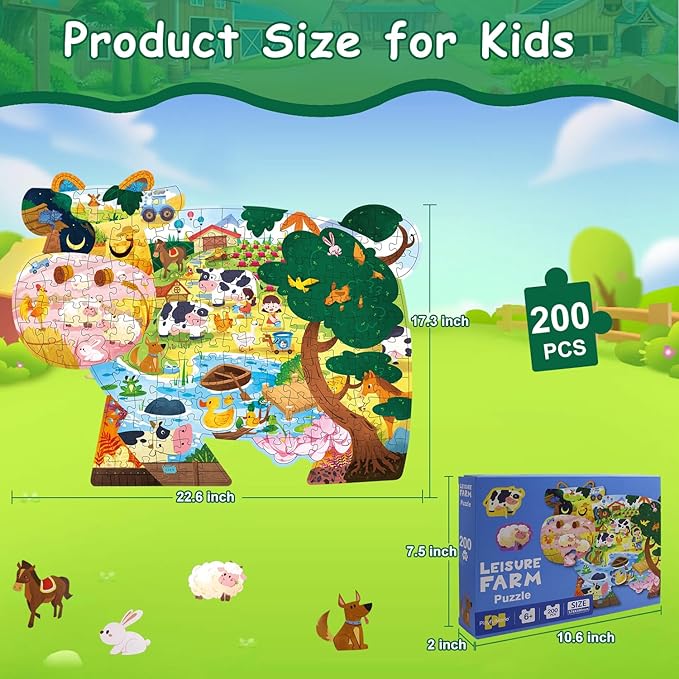 Animal Puzzles for Kids Ages 6-8 200 Piece Cow Jigsaw Puzzles Farm Animal Shape Floor Puzzle Ages 8-10 Learning Educational Toy Birthday Gift for Boys Girls Ages 10-12