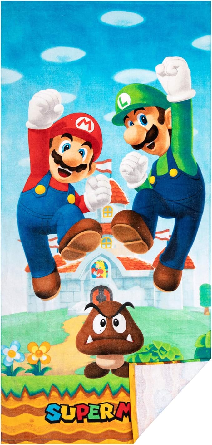 Franco Super Mario Official Nintendo Kids Super Soft Cotton Bath/Pool/Beach Towel,58 in x 28 in,(Pack of 2)