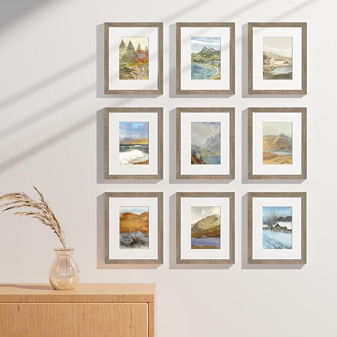 Vittanly 8x10 Picture Frames Set of 9, Wall & Tabletop, Grayish Brown | Display Pictures 5x7 with Mat or 8x10 without Mat, Small Photo Frames, Engineered Wood with Shatter Resistant Plexiglass
