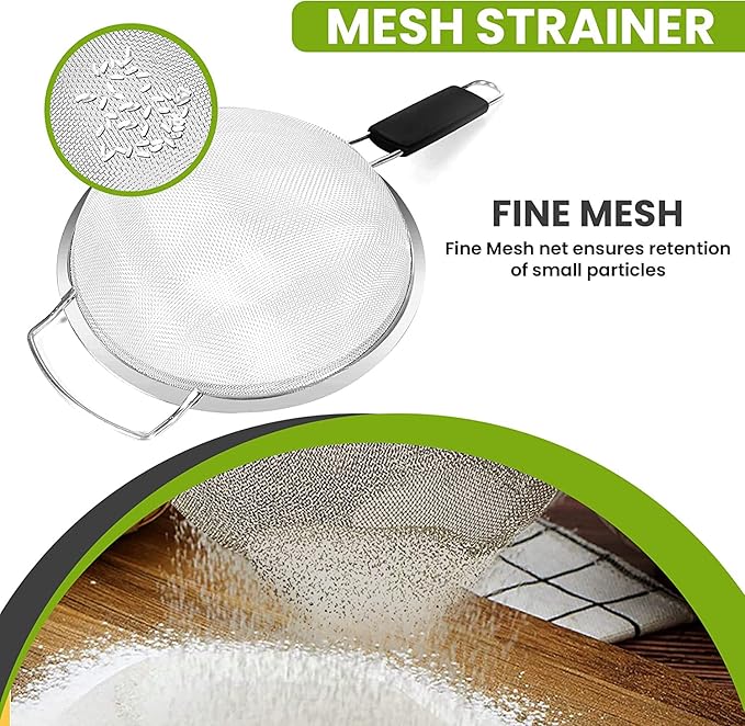 8" Large Fine Mesh Strainer with thermo plastic rubber handle - Sieve Fine Mesh Stainless Steel - Ideal to Strain Pasta, Quinoa and Rice.
