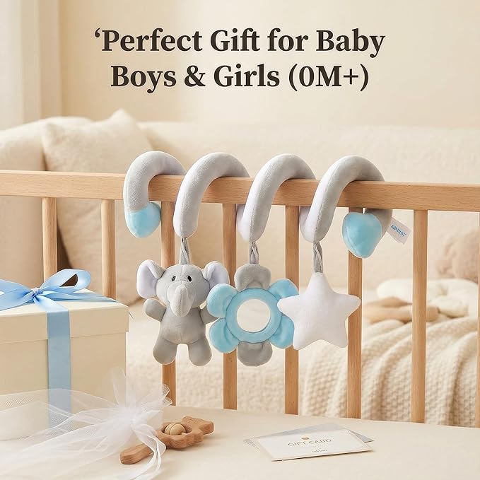 Car Seat Toys Spiral Hanging Elephant, Baby 0-6 Months Newborn, Carseat Hanging for Stroller Toys & Crib Hanging, Infant 0-6 Months with Rattle BB Squeaker Mirror, Baby Car Seat for Babies Boy Girl