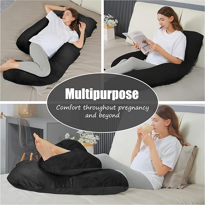 HIPHOP PANDA U-Shaped Pregnancy Pillow for Sleeping - Full Body Maternity Support Pillow with Removable Cover - Comfort for Back, Hips, Legs, Belly - 57 Inch for Pregnant Women, Black