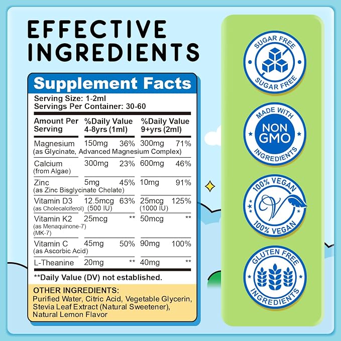 Magnesium Glycinate Liquid for Kids, Kids Magnesium Liquid Drops Supplement with L-Theanine, Calcium, Zinc, Vitamin D3 K2 for Sleep Calm Relaxation Brain Bones Focus, Lemon Flavor 2 Fl Oz