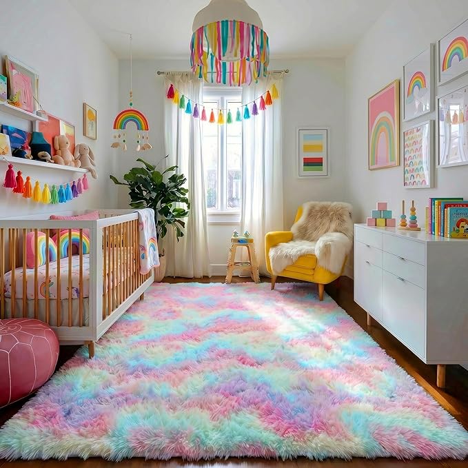 Rainbow Runner Kids Rugs for Girls Bedroom, Unicorn Room Decor, Fluffy Colorful Pastel Shag Area Rug for Baby Nursery, Soft Cute Fuzzy Kawaii Furry Plush Carpet for Playroom Preppy Dorm, 3x5 Rug Small