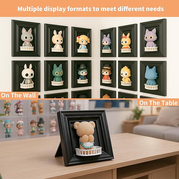 Display Frame with Balcony for Mini Figures, 6.8×6.8in Black Collection case, Wall Mount & Desktop Compatible, Fits Blind Box Toys & Action Collectibles