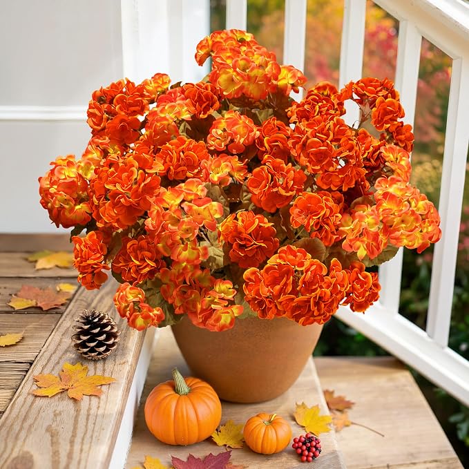 Fake Geraniums Artificial Flowers for Outdoors Fall Autumn Decoration, 6 Bundles Silk Geraniums Look Real Faux Fall Flowers Plants for Front Door Garden Planter Patio Balcony Yard Home Indoor, Mix