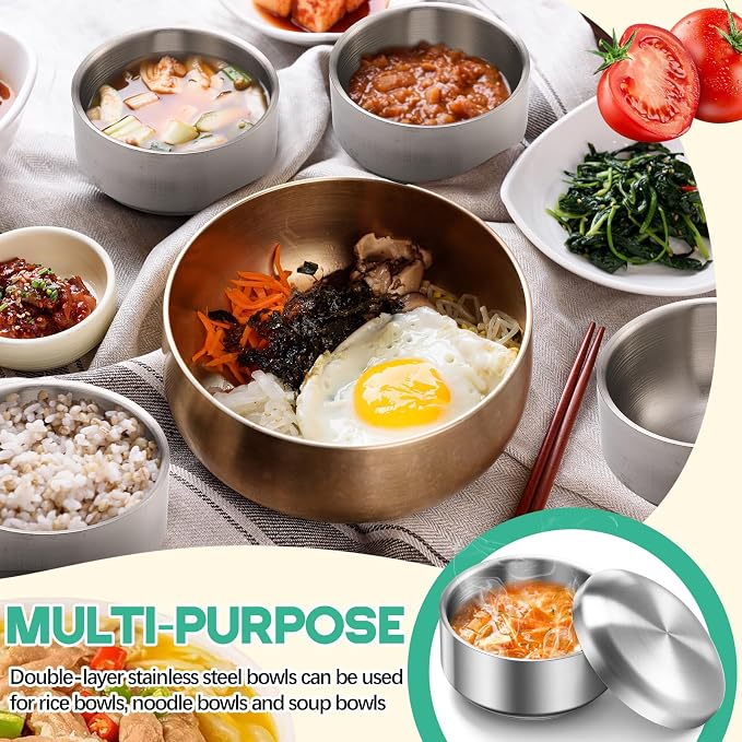 Reallnaive 4 Sets 12 oz Stainless Steel Korean Soup Rice Bowl with Lid for Cereal Kitchen Restaurant Double-walled Anti Scalding Metal Bowls for Soup Salad Noodles Insulated