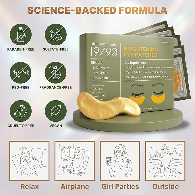19/90 Brightening Eye Patches - Anti-Aging & Hydrating Eye Pads for Puffiness, Dark Circles Treatment - (Alpha-Arbutin, Glutathione, Niacinamide) - Gold Eye Patches 15 Pairs, Vegan, Cruelty-Free