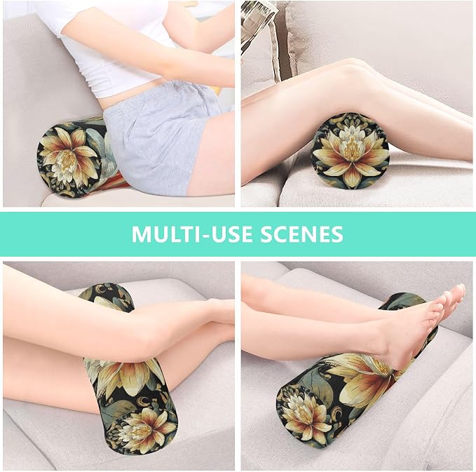 Boho Water Lily Flower Black Neck Roll Pillow Bolster Round Health Memory Foam Long Cervical Cylinder Pillows with Removable Washable Cover for Body Bed Legs Back Yoga
