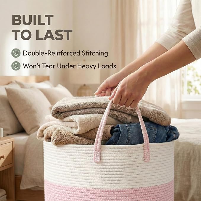 JMvicyroam 65L Extra Large Machine Washable Cotton Rope Blanket Basket | Collapsible laundry hamper, Reinforced handles, For blankets, pillows, toys and clothes, Living room and bedroom, White&Pink