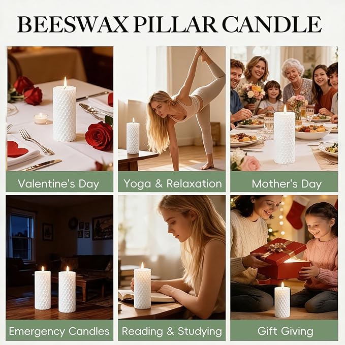 2 Pack Beeswax Pillar Candles, Pure Natural White Beeswax Candles Bulk,Unscented Bees Wax Candle for Home,Prayer,Dripless Smokeless Organic 100% Pillar Candles 2x5in