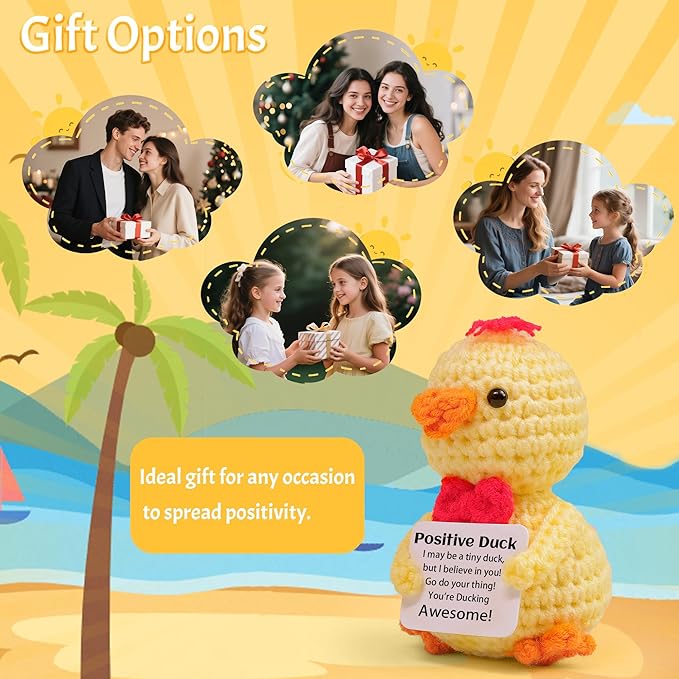 Mini Funny Positive Duck, Knitted Wool Duck Toy with Positive Card - Creative Cute Crochet Doll Emotional Support Cheer Up Keepsake Gift for Friends, Student, Christmas