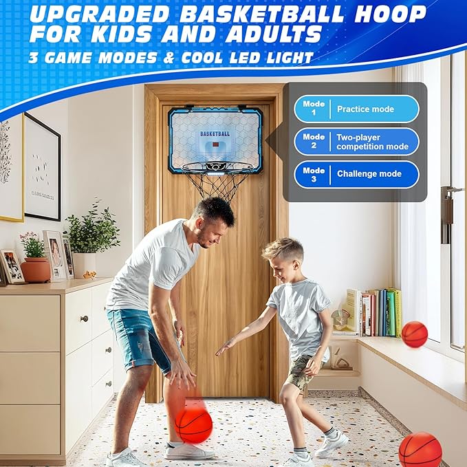 Indoor Basketball Hoop Boys Gifts for Teens Door Room Basketball Hoop Mini Hoop with Scoreboard, 3 Balls and Batteries Basketball Toys for 8 9 10 11 12
