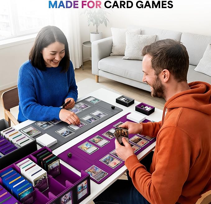 UAONO Trading Card Storage Box with Commander Display;3900+ Card Box for MTG, Removable Cover; 5 Row Case fits MTG TCG Sports Cards 48 Dividers,5 Stoppers,5 Top Loaders,1 Dice Box(Black, Purple)