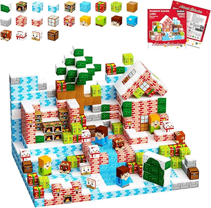 RiceBlock 100PCS Magnetic Blocks Toys for Kids, Advent Calendar 2025-14 Days Countdown Christmas, Science Learning Toys,Magnetic Cubes Building Blocks Toys for New Year