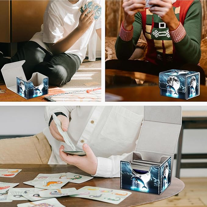 DEGDFSGR Card Game Storage Box forTCG MTG Deck Box Organizer Trading Case TCG Card Storage Box Magnetic Closure Creative Pattern Up to 200 Cards, Dolphin Moon Night