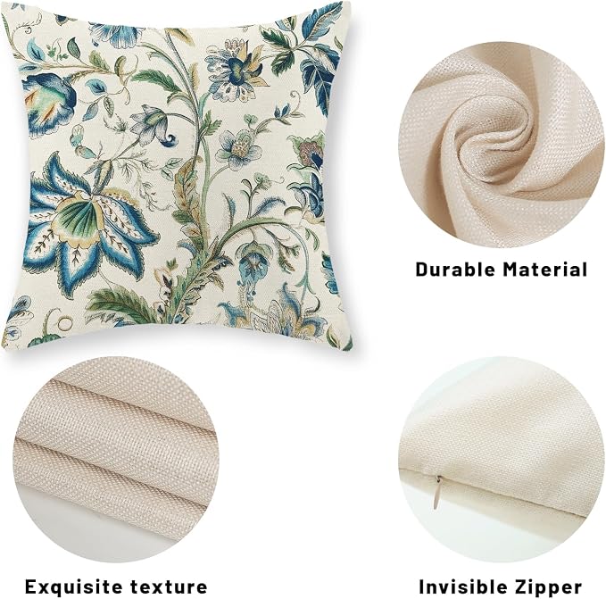 Blue Green Pillow Covers 18x18 Set of 2 Sage Green Chinoiserie Floral Throw Pillows Boho Vintage Flowers Decorative Pillowcase Outdoor Chinoiserie Decor Farmhouse Cushion Case for Couch Sofa