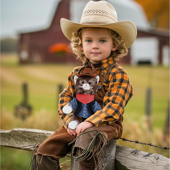 DolliBu 7-Inch Personalized Cowboy Brown Cat Plush – Western-Themed Stuffed Animal with Denim Vest, Bandana, Leather Pants & Hat