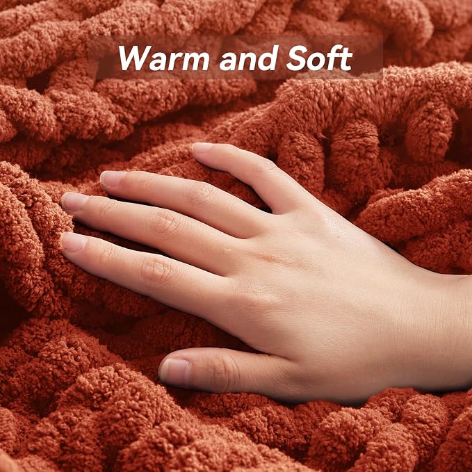 Negwoo Chunky Knit Throw Blanket, Knitted Throw Chenille Yarn, 30"*40" | Soft Thick Cable Knitted Blankets, Handmade Big Thick Blanket, Machine Washable Cute Comfy Blanket for Home Decor, Orange