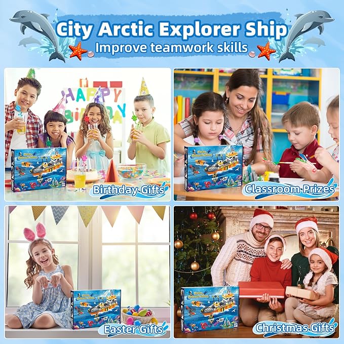 City Ocean Explorer Ship Building Set, Fun Toy Exploration Boat Building Block Kit with LED Lights, Helicopter, Submarine Birthday for Boys Girls Kids 6 8 10+