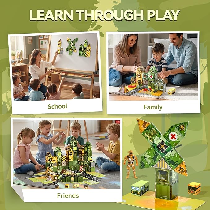 VigorFun Army Magnetic Tiles Building Toys Set for Kids Ages 3-5 4-8, STEM Military Magnetic Blocks with Army Men for Toddler, Educational Sensory Magnet Toys Gifts for Boys Girls Learning Classroom