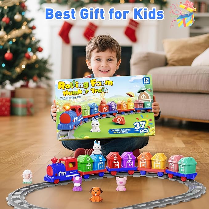Learning Toys for Toddlers 1 2 3 Year Old,Electric Farm Train Set Toddler 2-4,Counting Matching & Sorting Montessori Train Toy with Farm Animals,Music,Light,Christmas Birthday Gift Baby Boy Girl(blue)