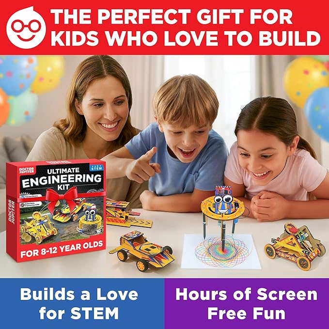 Doctor Jupiter Ultimate Engineering Kit for Kids Ages 8+ | Build Your Own Catapult, Race Car & Scribbling Robot | Birthday Gift Ideas for Boys & Girls 8-9-10-11-12 Year Olds | STEM Kit,Educational Toy