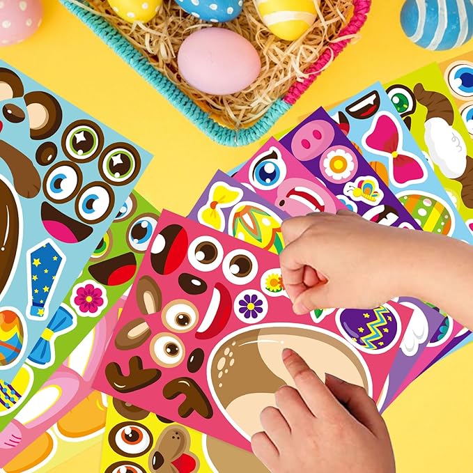 DUJAA 24 Sheets Easter Stickers for Kids Make Your Own Animal Mix and Match Stickers with Easter Egg Themed Pig, Bunny, Chicken, Cow, Sheep, Duck Craft Party Favor Supplies
