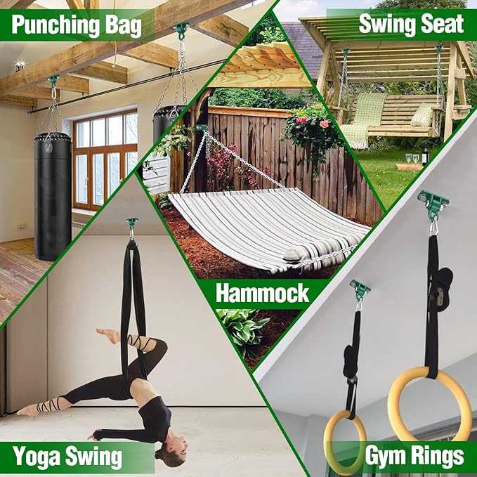 Swing Hangers with Bearing, Heavy Duty Porch Swing Hanging Kit for Outdoor Playground Tree Indoor Ceiling Mount Hardware Brackets with Snap Hooks for Yoga Hammock Punching Bag Accessories 8PCS Green