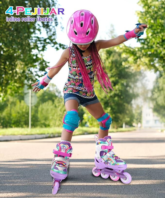 Unicorn Rainbow Inline Skates for Girls Teens Womans,4-Pejiijar Roller Skates for Girls Ages 6-8-12 w/Luminous Wheels,Kids Adjustable Roller Shoes for Birthday Xmas Gifts