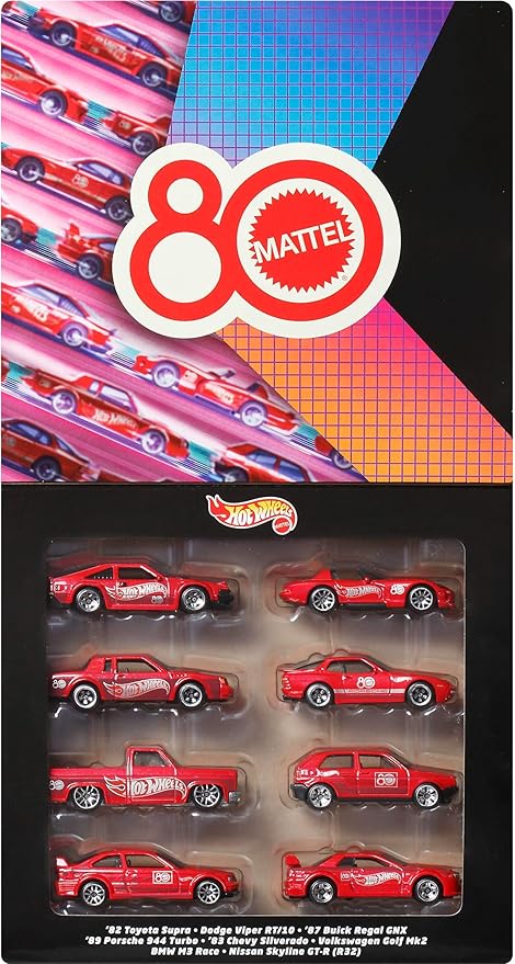Hot Wheels Toy Cars & Trucks 8-Pack, Set of 8 Die-Cast 1:64 Scale Retro Vehicles with Special Mattel 80th Anniversary Deco & Packaging