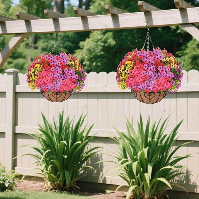 2 Sets Artificial Hanging Flower for Outdoors(Mixed) | Fake Hanging Basket for Outside,2 Hanging Basket with 26 Pcs Faux Silk Flowers for Porch, Balcony and Patio Decor
