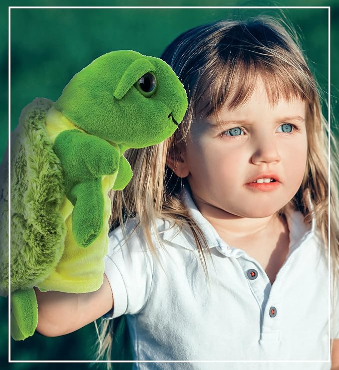DolliBu Sea Turtle Hand Puppet - Super Soft Stuffed Animal Hand Puppets for Kids, Educational Hand Puppet Plush Toy for Kids and Adults, Ocean Life Animal Puppet for Teaching and Puppet Show - 10 Inch