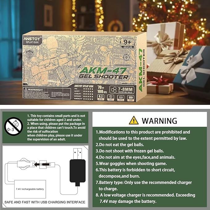 Anstoy Electric with Gel Gun Blaster AEG AKM-47 Splat Gun Automatic Toy Gun for Christmas, Halloween, Birthday Gift, Adults, Ages 14+